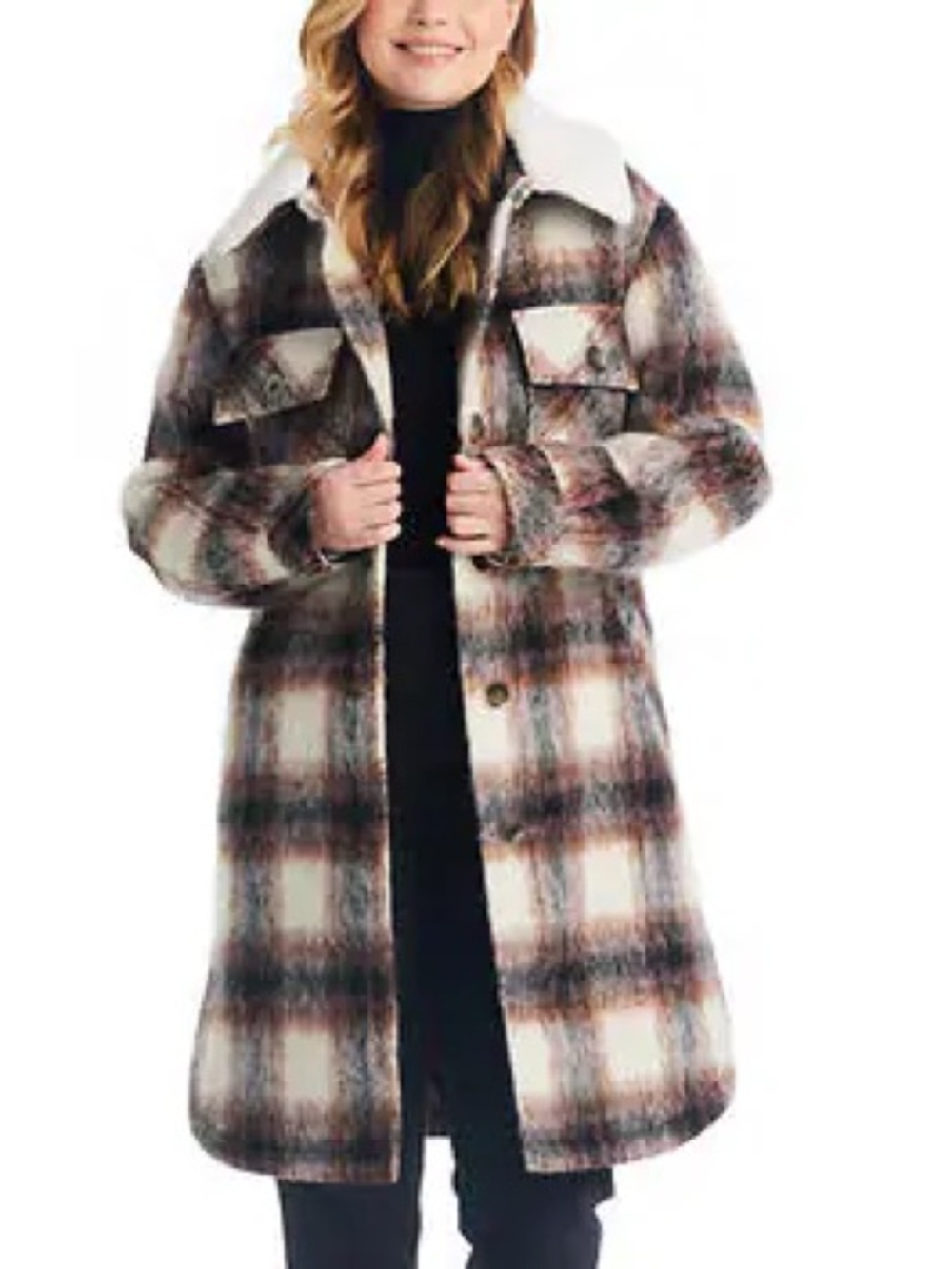 Vince Camuto Cream, Brown & Black Plaid Sherpa-Collar Trench Coat